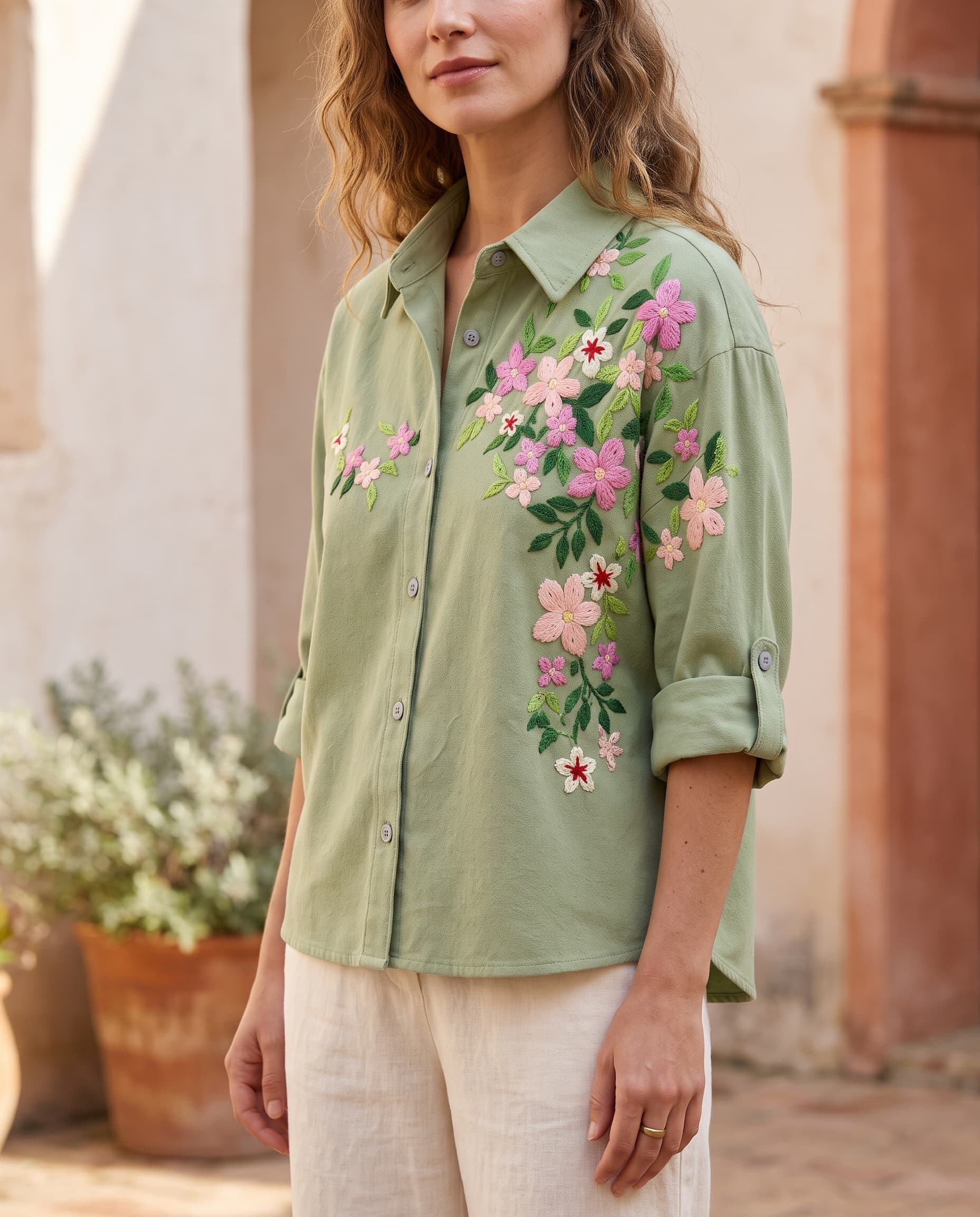 Hand Embroidered Floral Sage Green Cotton Button Down Shirt