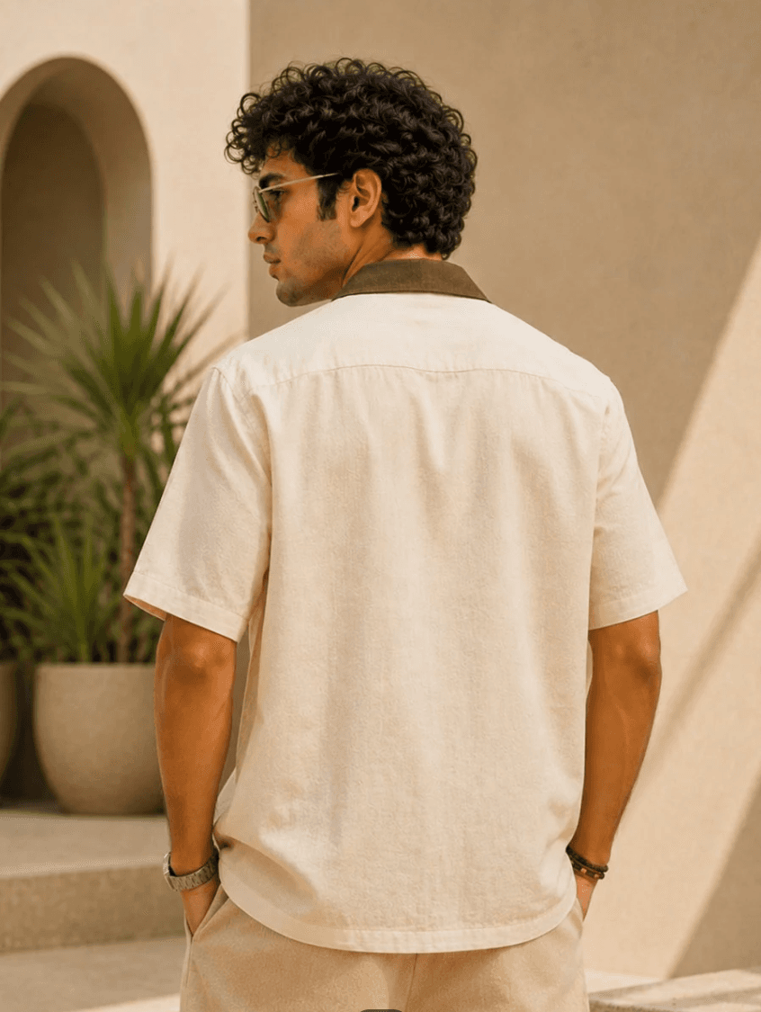 Off White Embroidered Cotton Linen Resort Shirt with Brown Cuban Collar