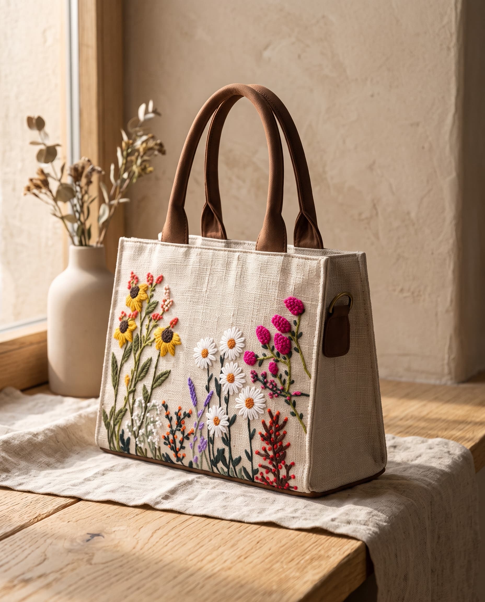 Hand Embroidered Wildflower Textured Canvas Tote Bag